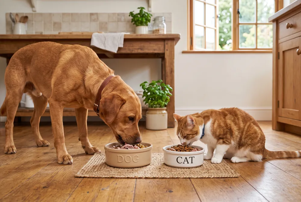 Perro y gato comiendo de sus cuencos en casa