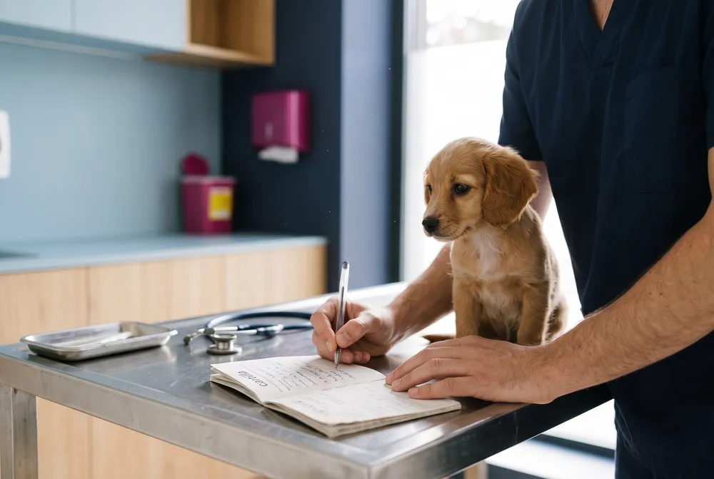 Veterinario anotando en la cartilla de vacunación junto a un cachorro