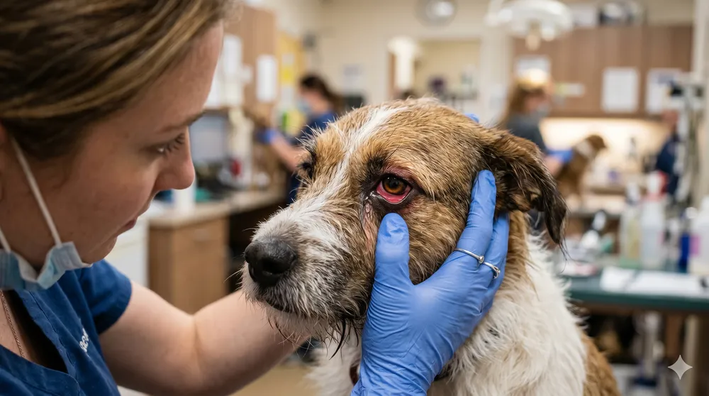 Dog with a red, irritated eye showing signs of canine conjunctivitis