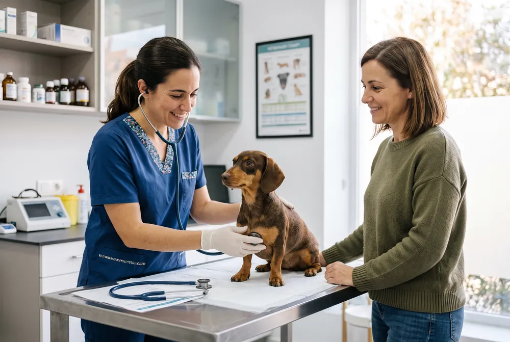Veterinaria examinando a un perro mientras su dueño observa en la consulta