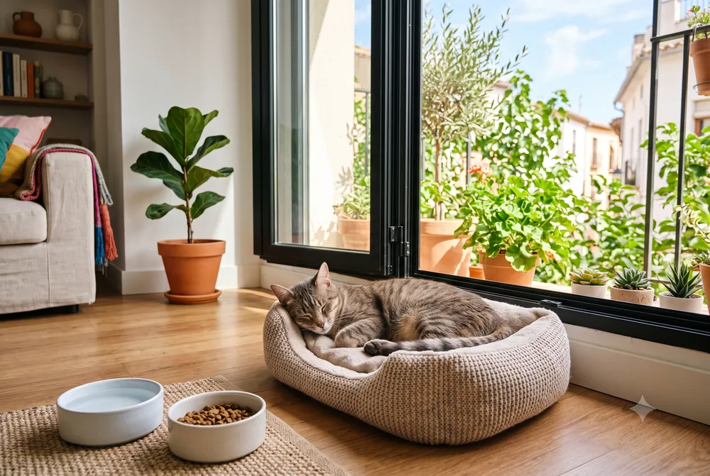 Gato tranquilo descansando junto a una ventana soleada en casa en verano