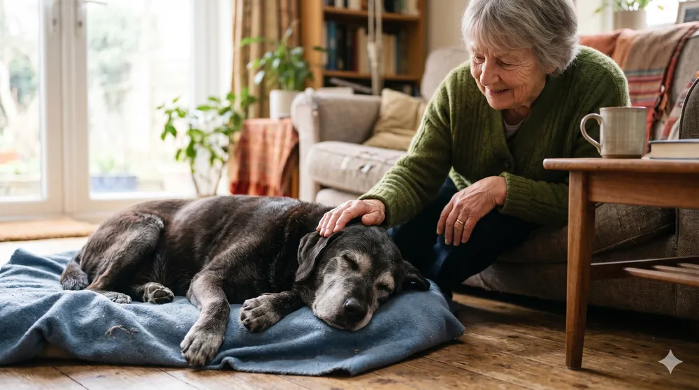 Senior dog and cat resting together, illustrating care for older pets