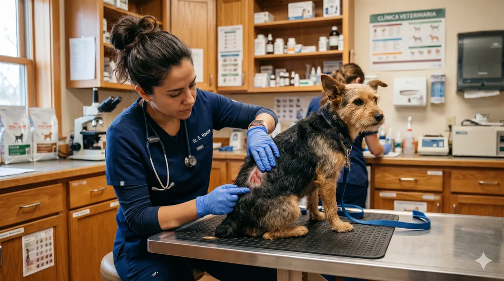 Dog scratching its neck due to the itch of skin dermatitis