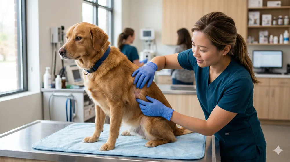 Vet examining a dog's skin and coat