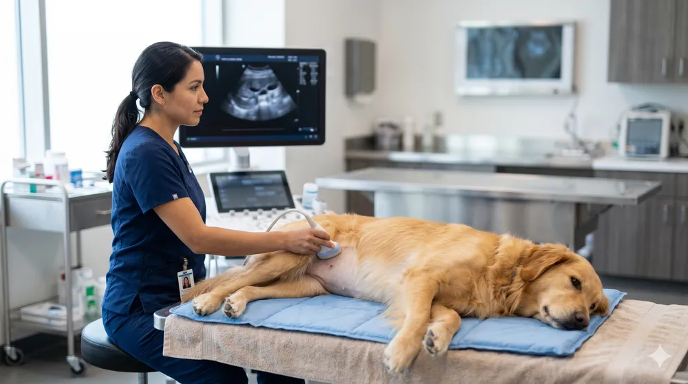 Veterinaria realizando una ecografía abdominal a un perro tumbado