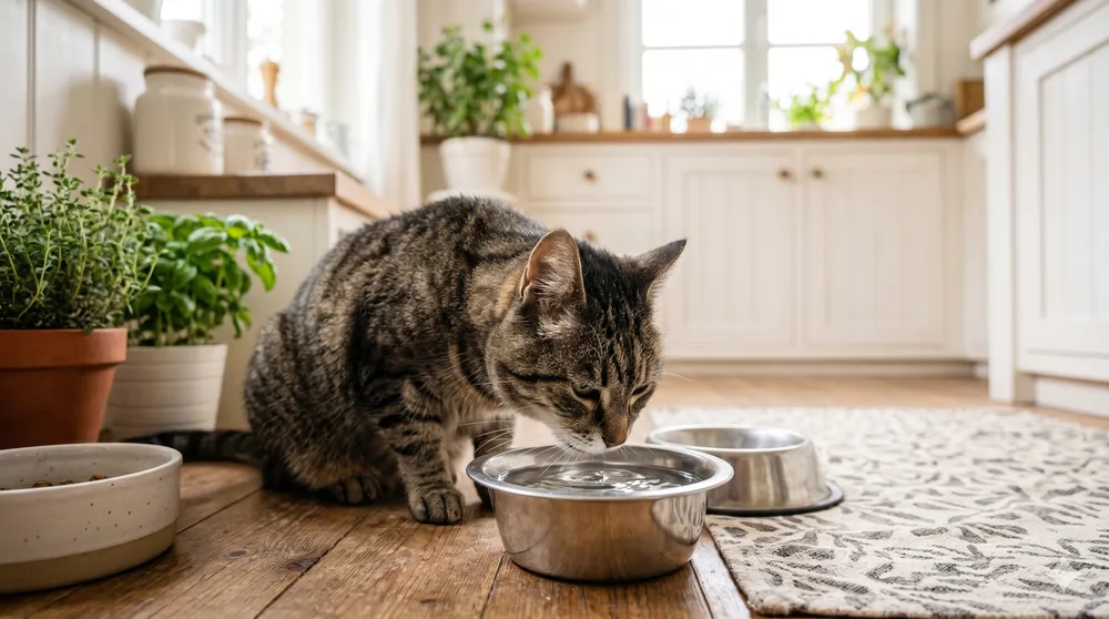 Gato mayor atigrado bebiendo agua de un cuenco metálico