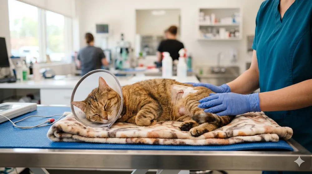 Cat recovering on a table after neutering surgery