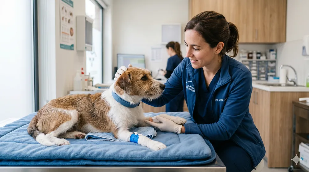 Perro joven recuperándose en una camilla mientras una veterinaria lo revisa