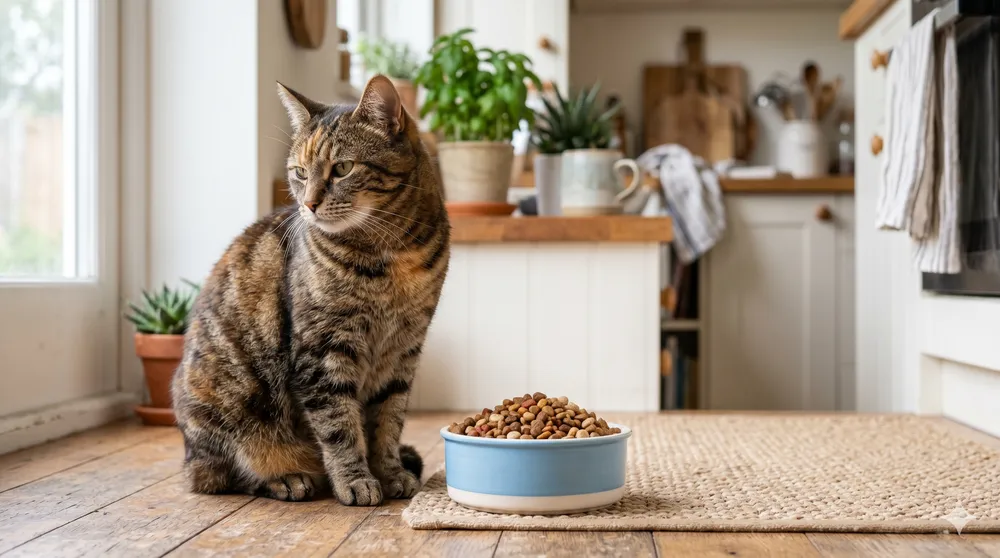 Gato atigrado junto a su cuenco de comida lleno sin querer comer