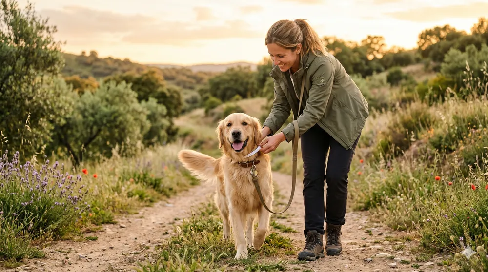 Perro paseando al atardecer con un collar antiparasitario