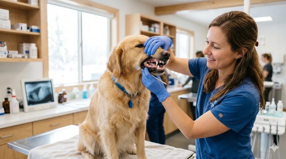 Revisión de la dentadura de un perro levantándole el labio en la clínica
