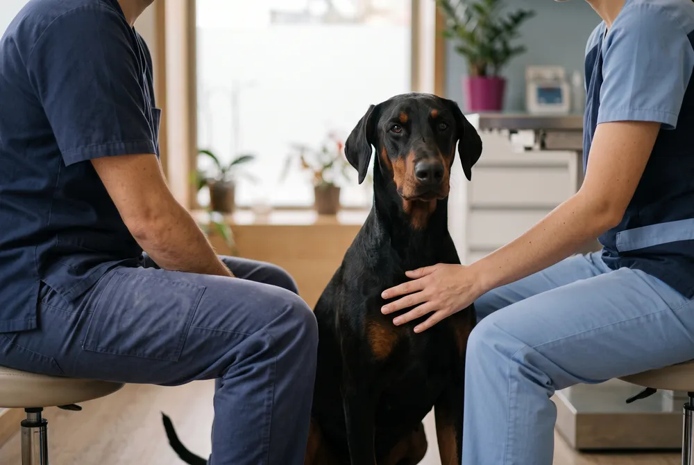 Dóberman tranquilo en la consulta veterinaria entre dos veterinarios