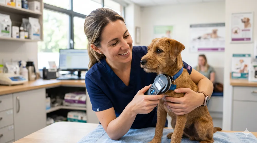 Veterinarian implanting an identification microchip in a dog