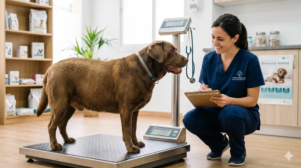 Overweight dog and cat being examined to assess body condition