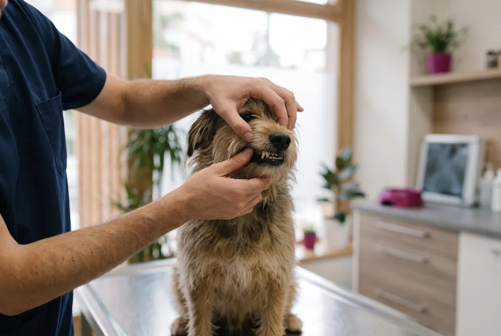 Veterinario revisando la dentadura de un perro en la clínica