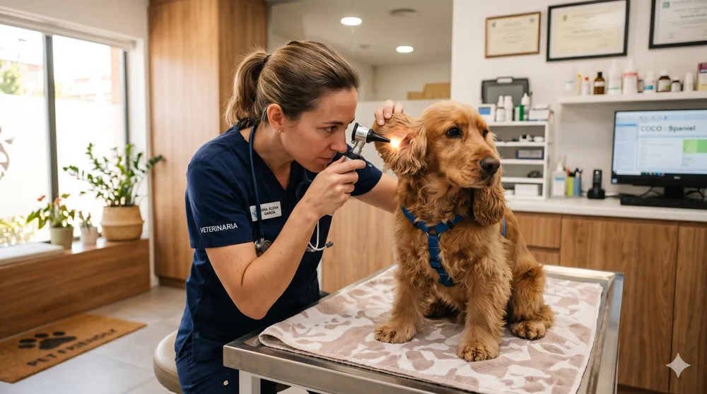 Vet examining a dog's ear with an otoscope for signs of otitis