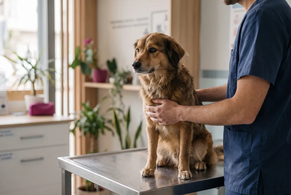 Perro tranquilo en la mesa de consulta veterinaria