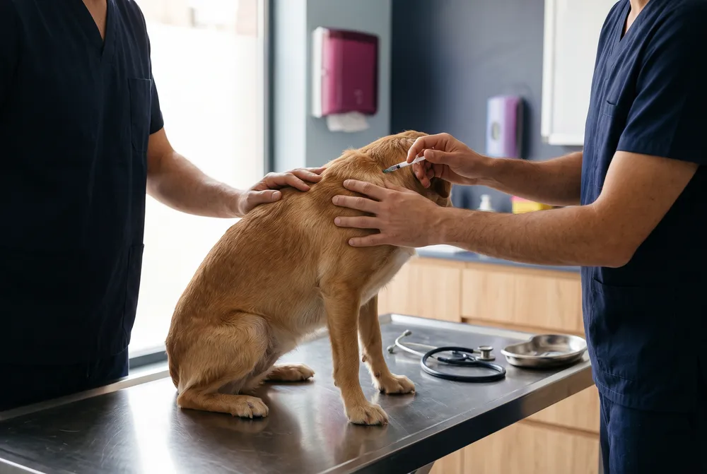 Perro recibiendo una vacuna de un veterinario en la consulta
