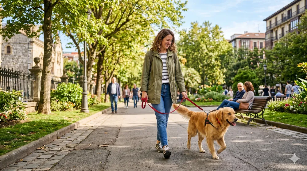 Dog walking on a lead with its owner in the street