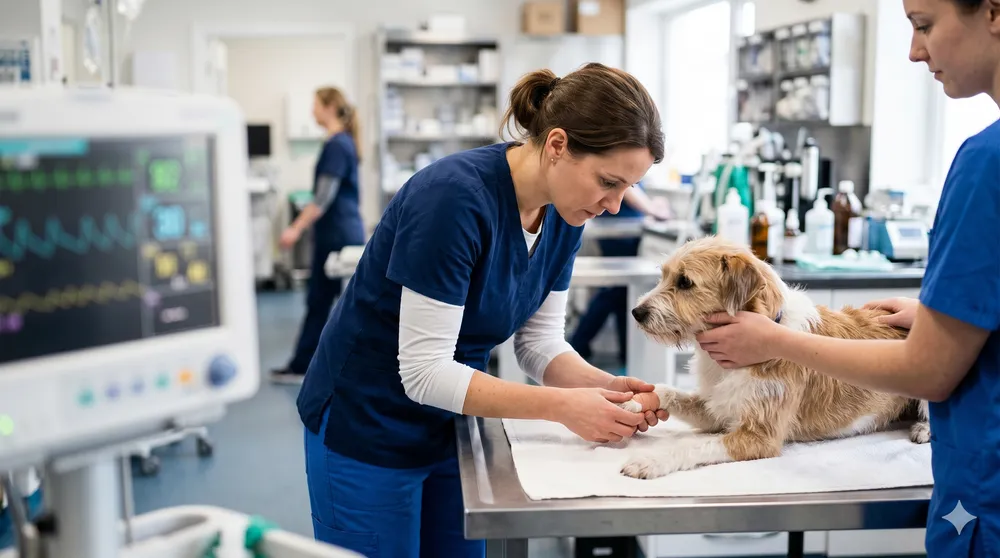 Veterinario atendiendo de urgencia a un perro en una sala de urgencias