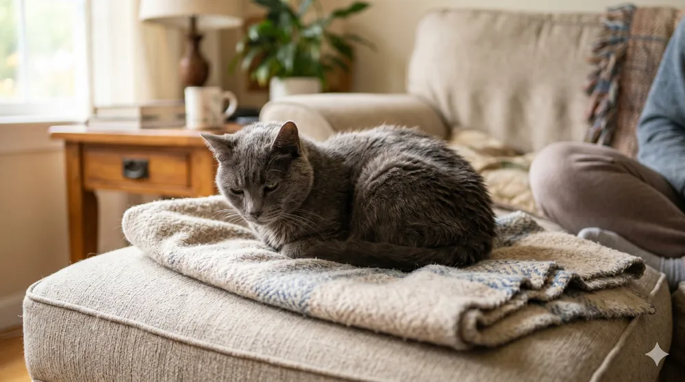 Gato gris decaído y acurrucado en un sofá