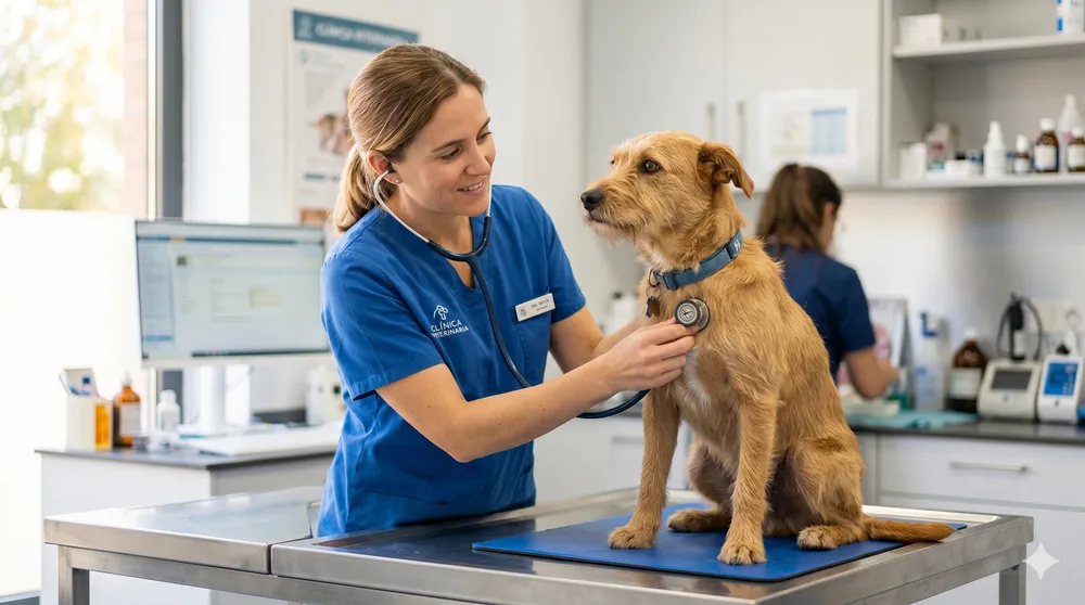 Perro tosiendo siendo examinado por un veterinario que ausculta su tráquea en la consulta