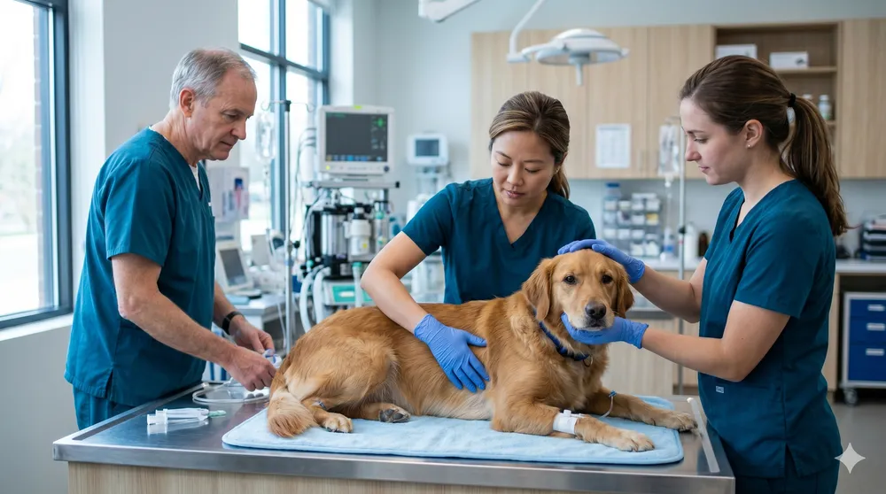Vet treating a dog in an emergency at the clinic