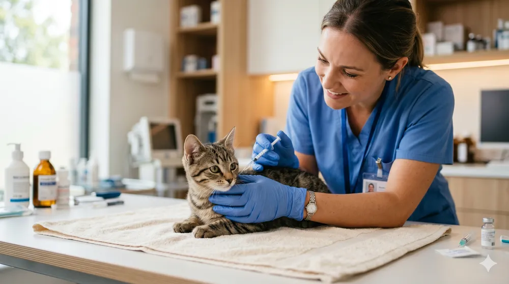 Veterinaria con bata azul vacunando a un gatito atigrado en la mesa de exploración